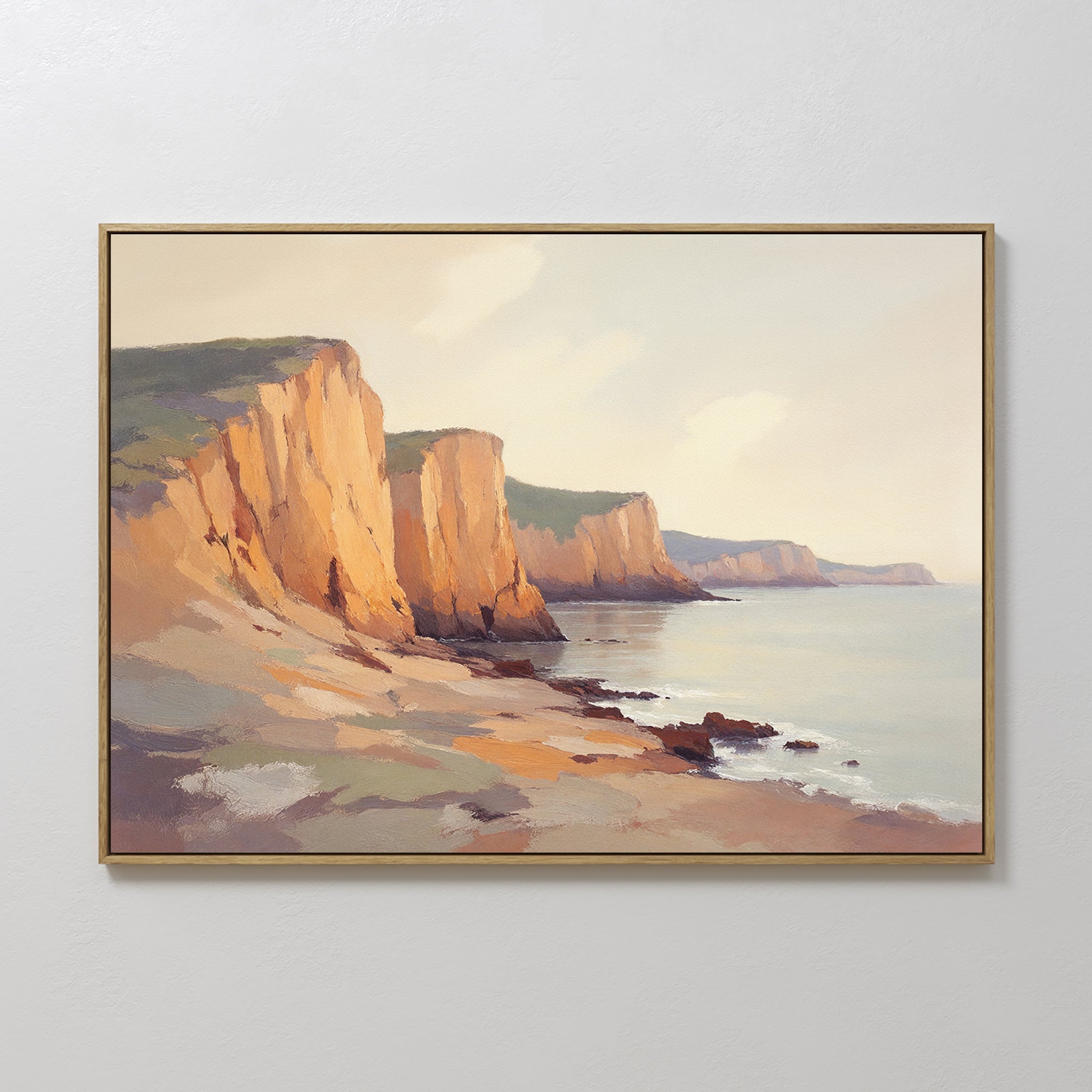 Original hand painted ochre golden coastal cliffs oil painting canvas wall art, nordic scandinavian elegant luxury vintage modern living room home dec