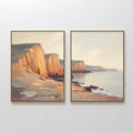 Original hand painted golden coastal cliffs oil painting canvas wall art set of 2, warm sienna tones, elegant nordic scandinavian modern luxury home d