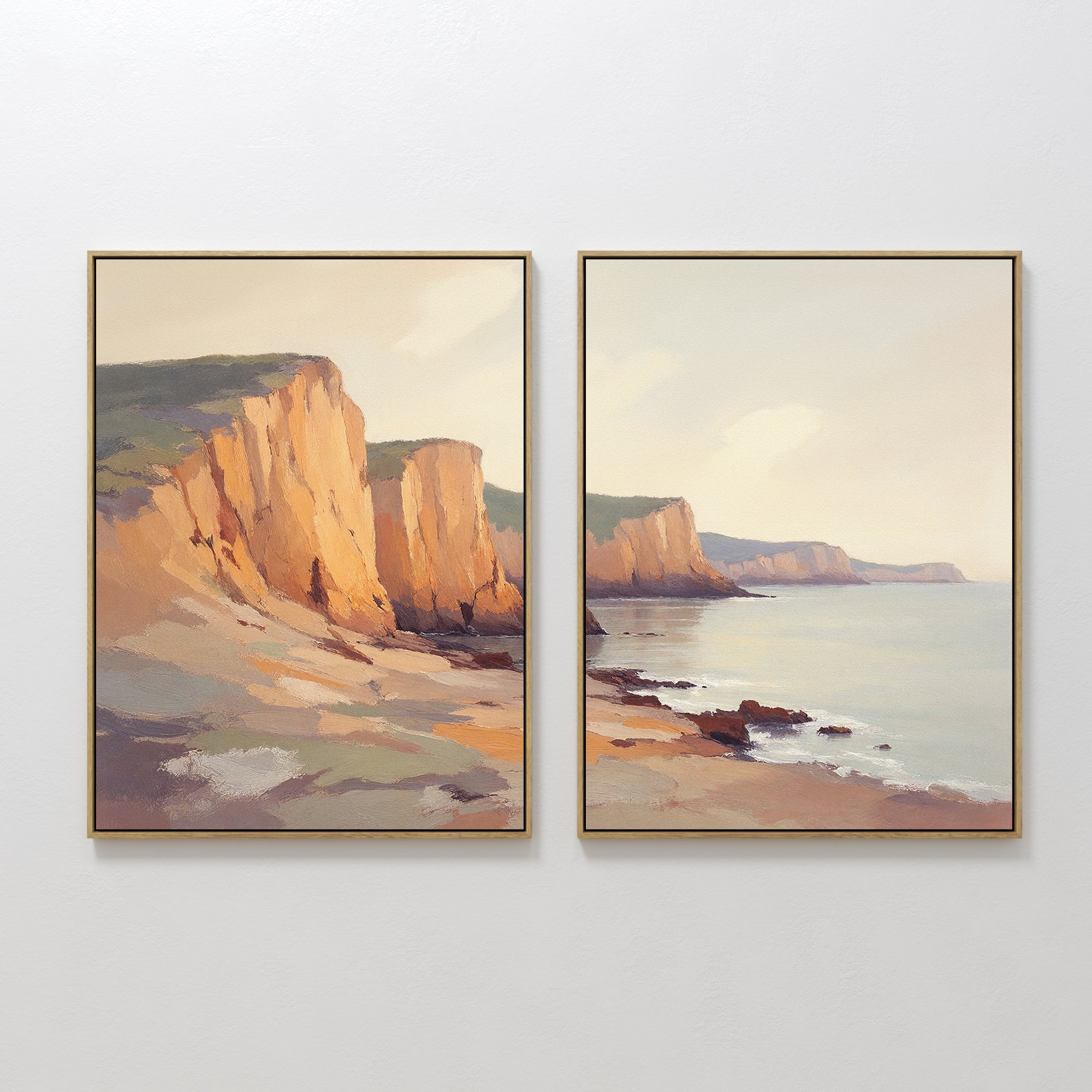 Original hand painted golden coastal cliffs oil painting canvas wall art set of 2, warm sienna tones, elegant nordic scandinavian modern luxury home d