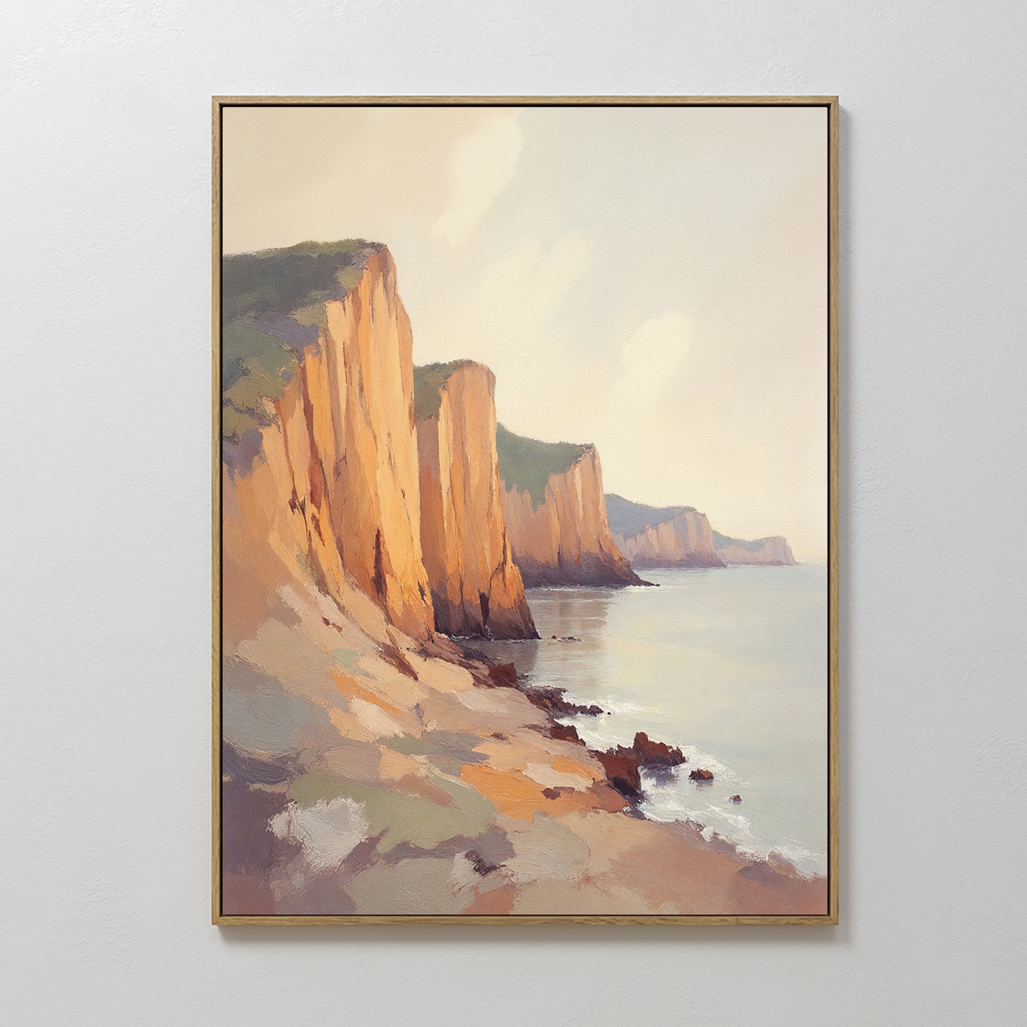 Original hand painted amber orange coastal cliffs oil painting canvas wall art, nordic scandinavian elegant luxury modern living room home decor inter