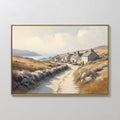 Original hand painted golden coastal village path oil painting canvas wall art, warm amber grey elegant vintage nordic scandinavian modern home decor
