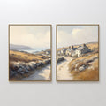 Original hand painted golden coastal village oil painting canvas wall art, warm amber grey ivory nordic scandinavian elegant luxury modern living room