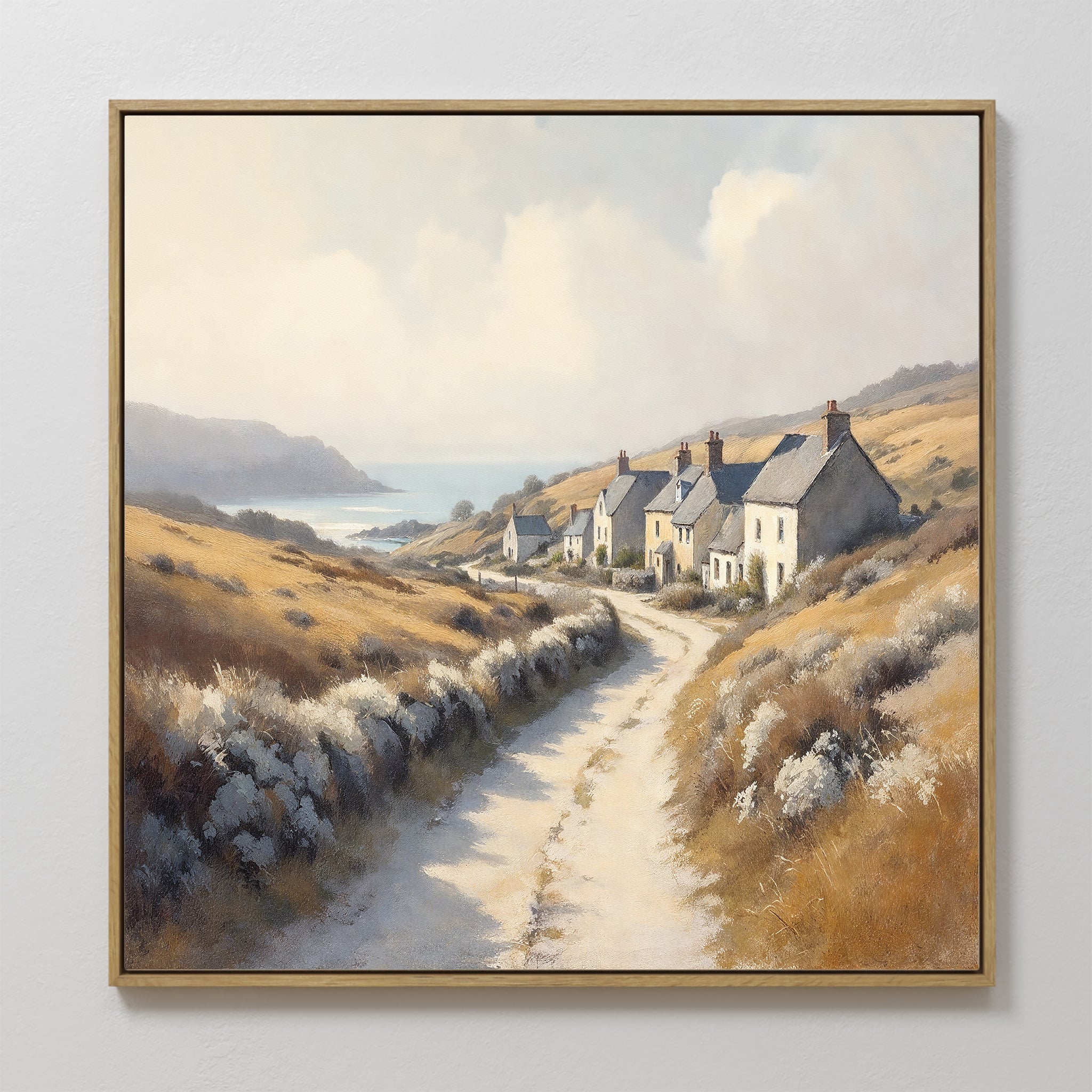 Original hand painted amber golden coastal village lane oil painting canvas wall art, nordic scandinavian elegant luxury modern living room home decor