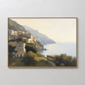 Original hand painted amber sage coastal cliff village oil painting canvas wall art, elegant luxury nordic modern living room home decor interior desi