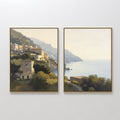 Original hand painted warm golden olive green coastal diptych oil painting canvas wall art, nordic scandinavian elegant luxury modern living room home