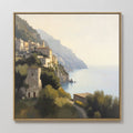 Hand painted original oil painting canvas wall art misty coastal cliffside village sage green stone blue elegant nordic luxury modern home decor inter