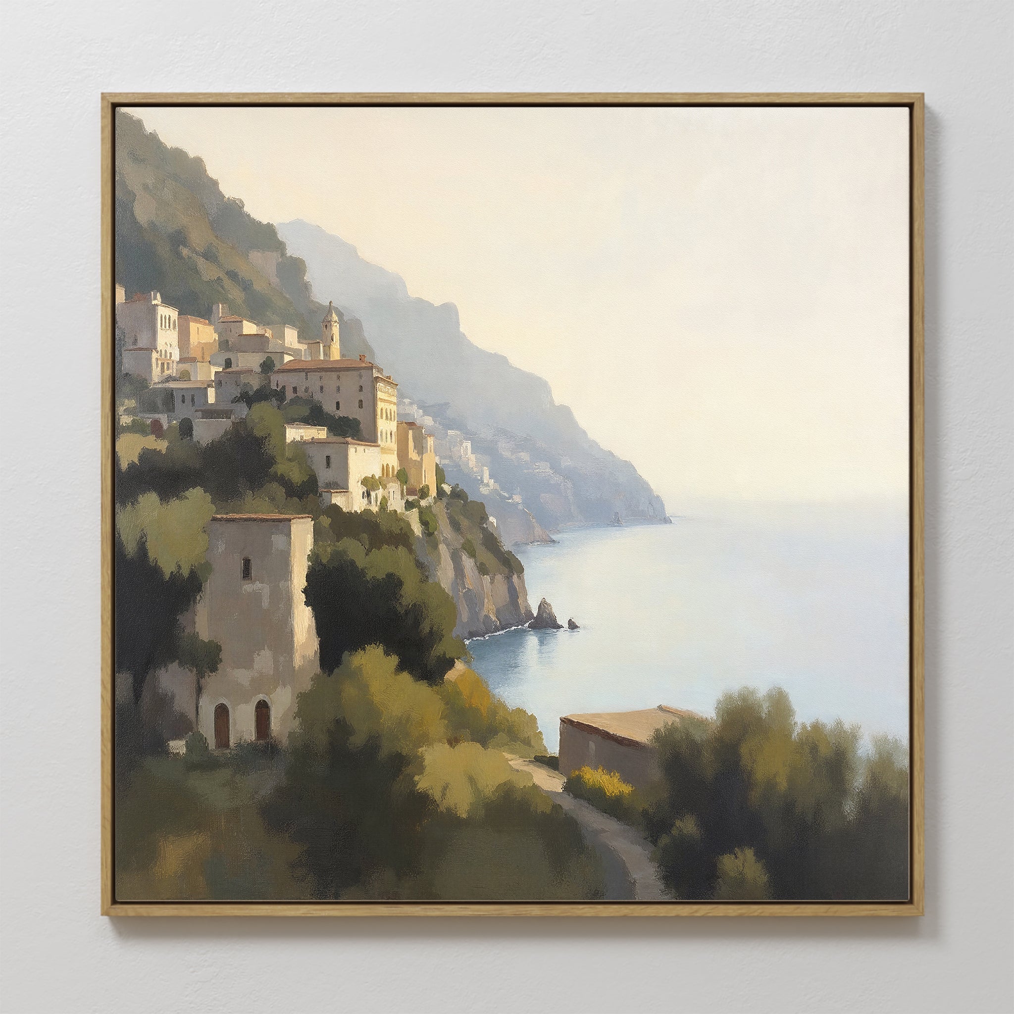 Hand painted original oil painting canvas wall art misty coastal cliffside village sage green stone blue elegant nordic luxury modern home decor inter