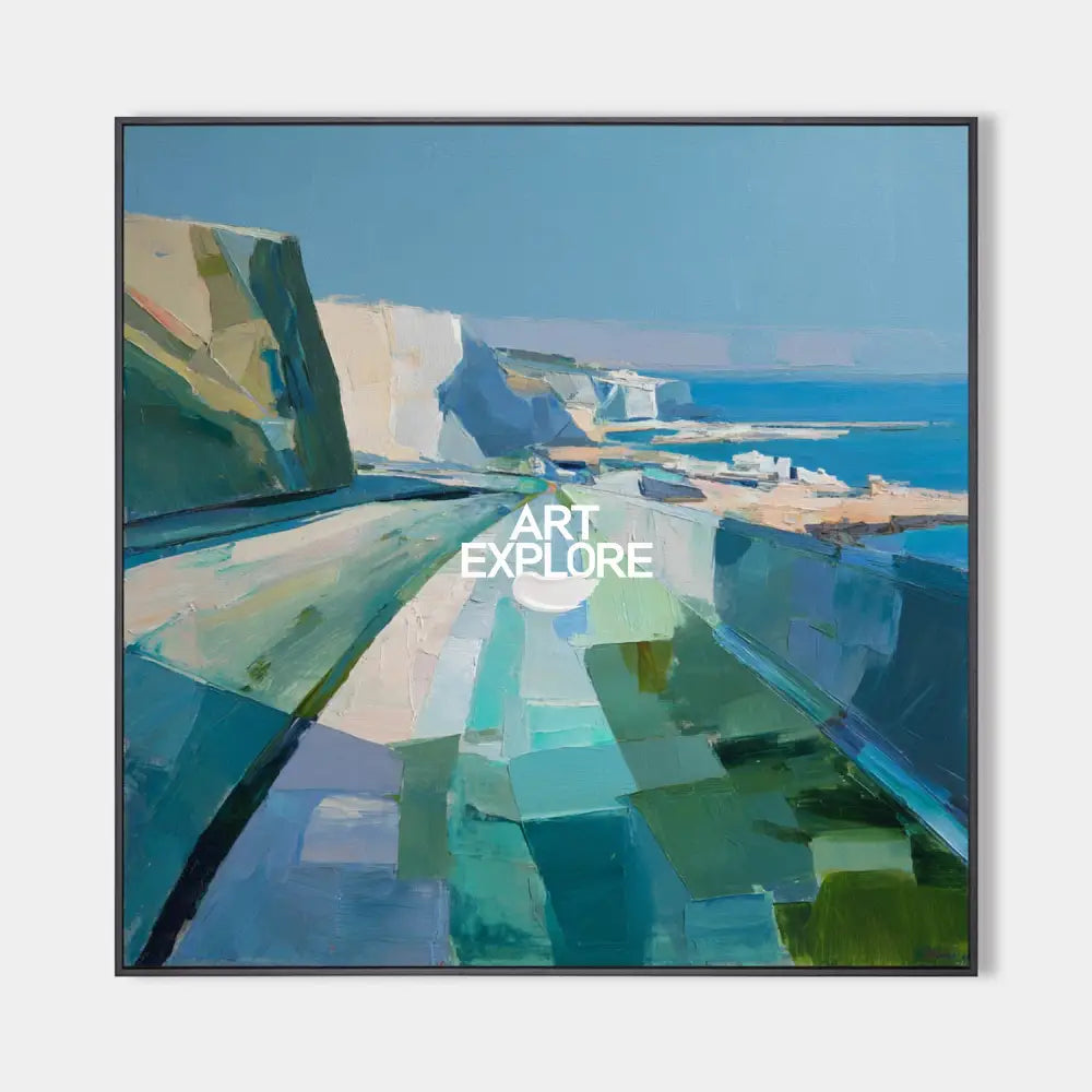 Original hand painted teal blue geometric coastal oil painting canvas wall art, nordic scandinavian elegant luxury modern living room h