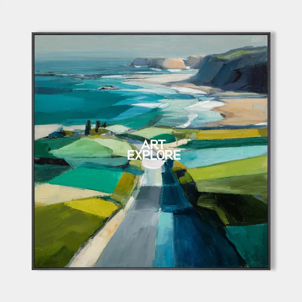 Original hand painted teal abstract coastal oil painting canvas wall art, nordic scandinavian elegant luxury modern living room home de