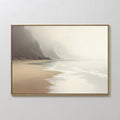Original hand painted misty coastal beach oil painting canvas, warm beige sandy shore dark cliffs fog, nordic scandinavian elegant luxury minimalist m