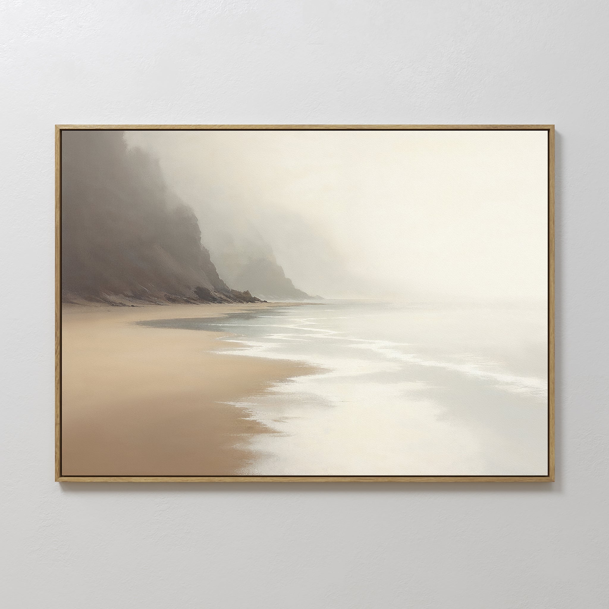 Original hand painted misty coastal beach oil painting canvas, warm beige sandy shore dark cliffs fog, nordic scandinavian elegant luxury minimalist m