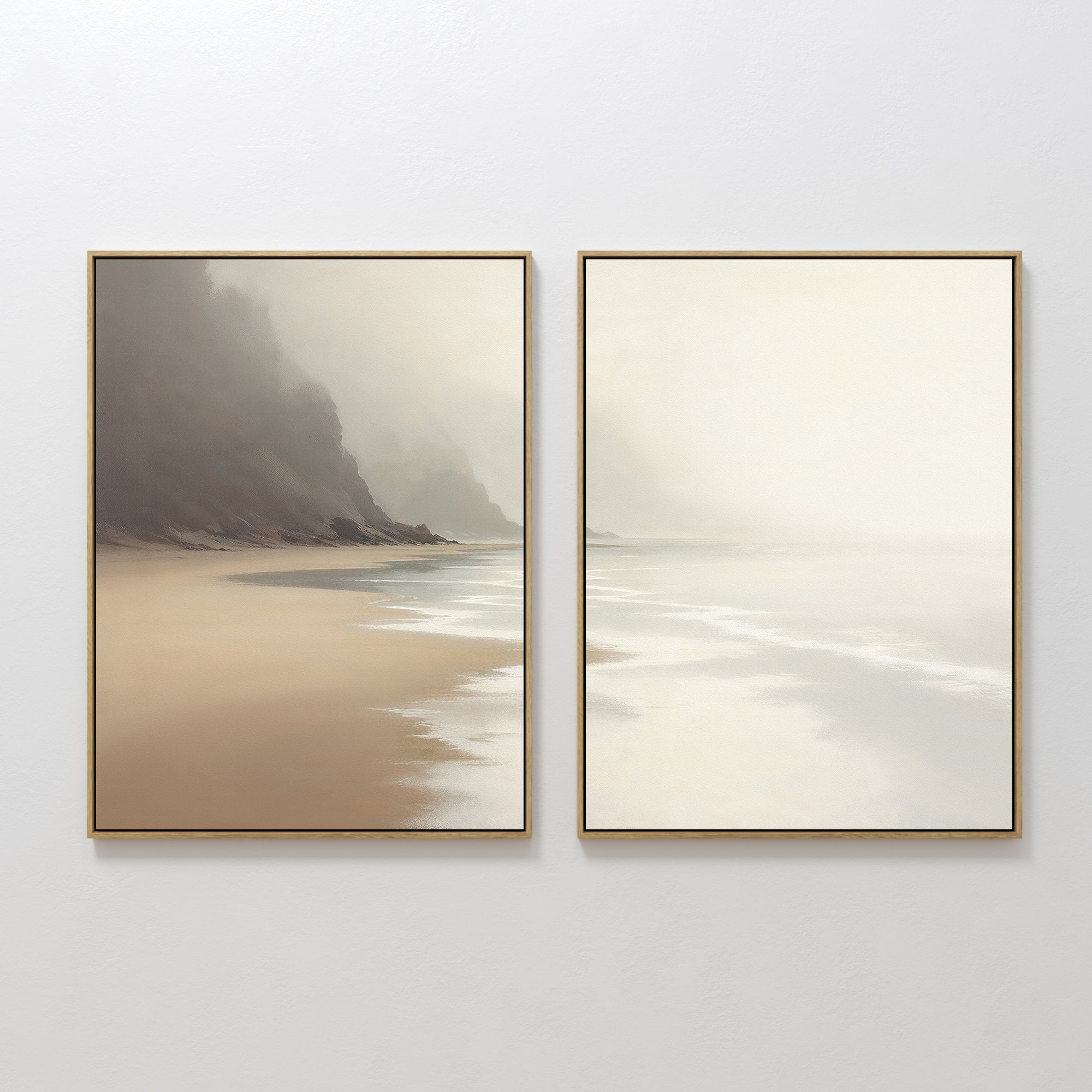 Original hand painted sandy beige taupe misty coastal beach diptych oil painting canvas wall art, nordic scandinavian elegant luxury modern living roo