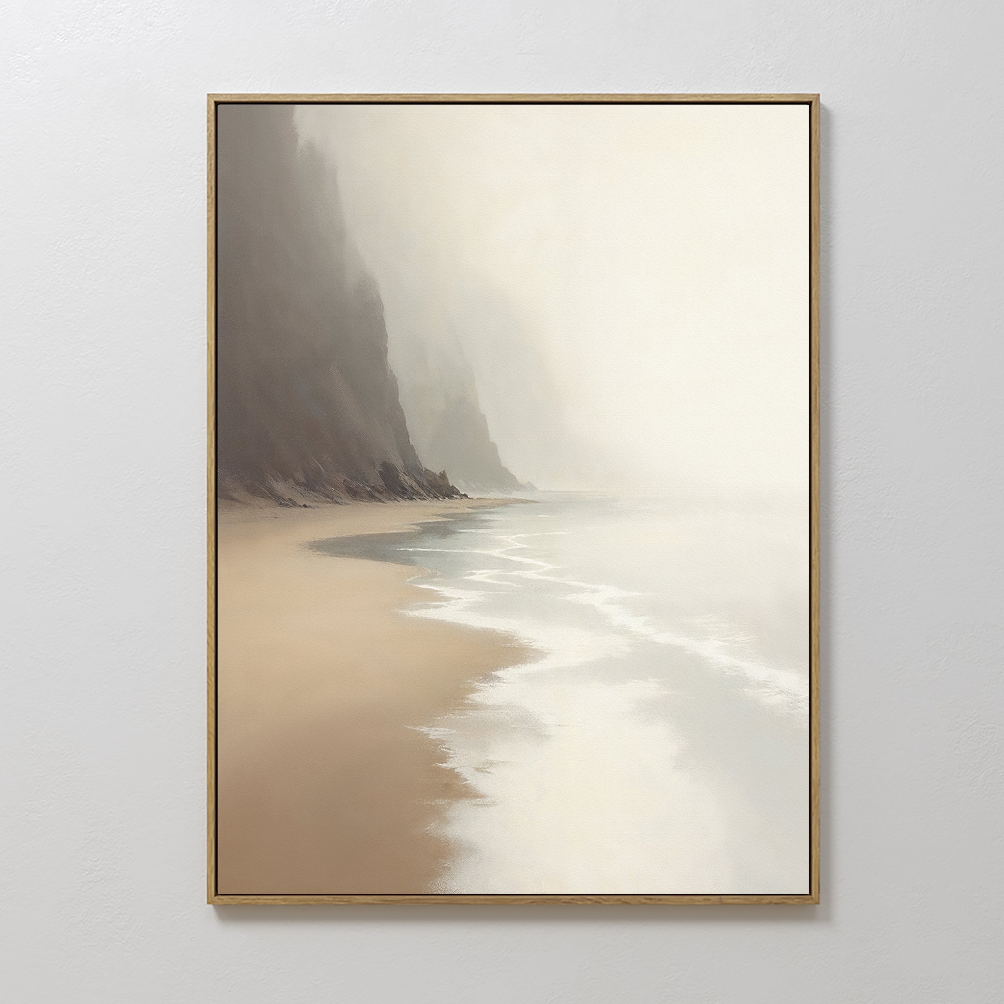 Original hand painted misty coastal beach cliff oil painting canvas wall art, warm beige sandy shore grey fog, nordic scandinavian elegant luxury mini
