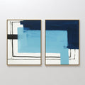 Original hand painted navy sky blue geometric abstract oil painting canvas diptych wall art, nordic scandinavian elegant luxury modern living room hom