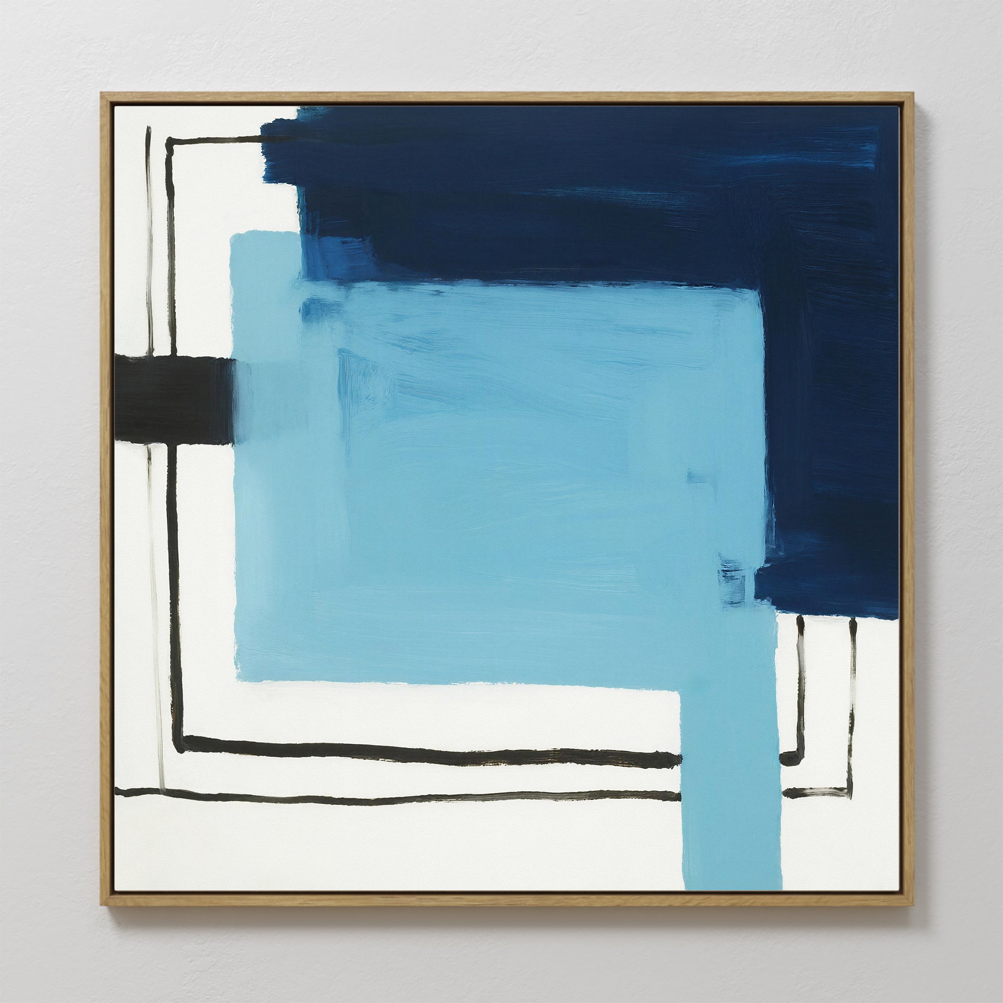 Original hand painted navy and sky blue geometric abstract oil painting canvas wall art, nordic scandinavian elegant luxury modern living room home de
