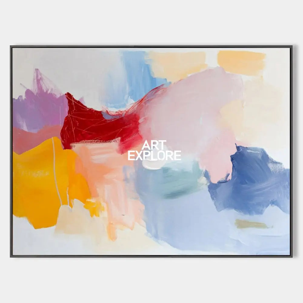 Original hand painted abstract oil painting canvas bold crimson yellow cobalt blue blush brushstrokes elegant luxury modern nordic scan