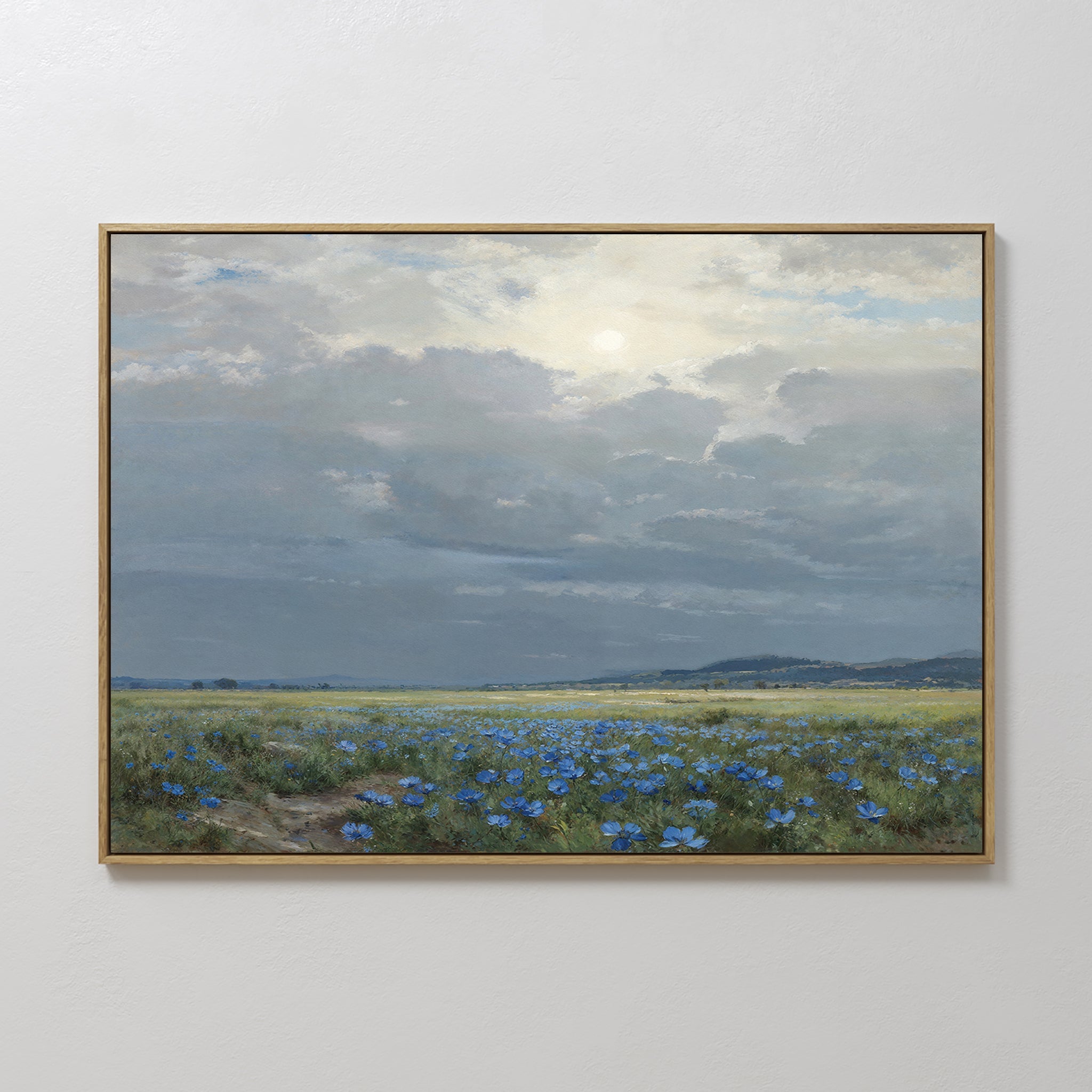 Hand painted original blue wildflower meadow oil painting canvas wall art, nordic scandinavian elegant vintage luxury modern living room home decor in