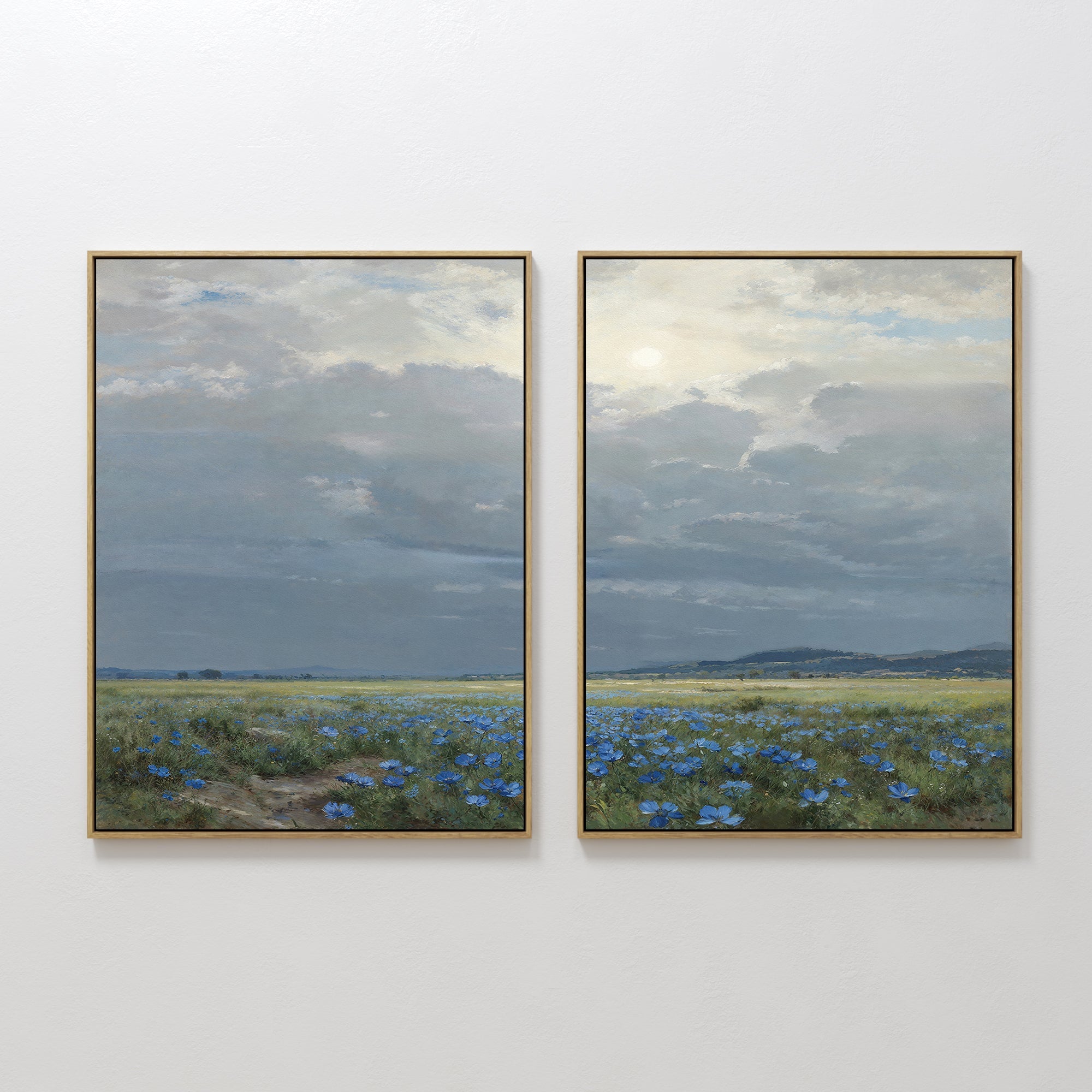 Hand painted original oil painting blue wildflower meadow stormy sky canvas wall art nordic scandinavian elegant luxury modern home decor interior des