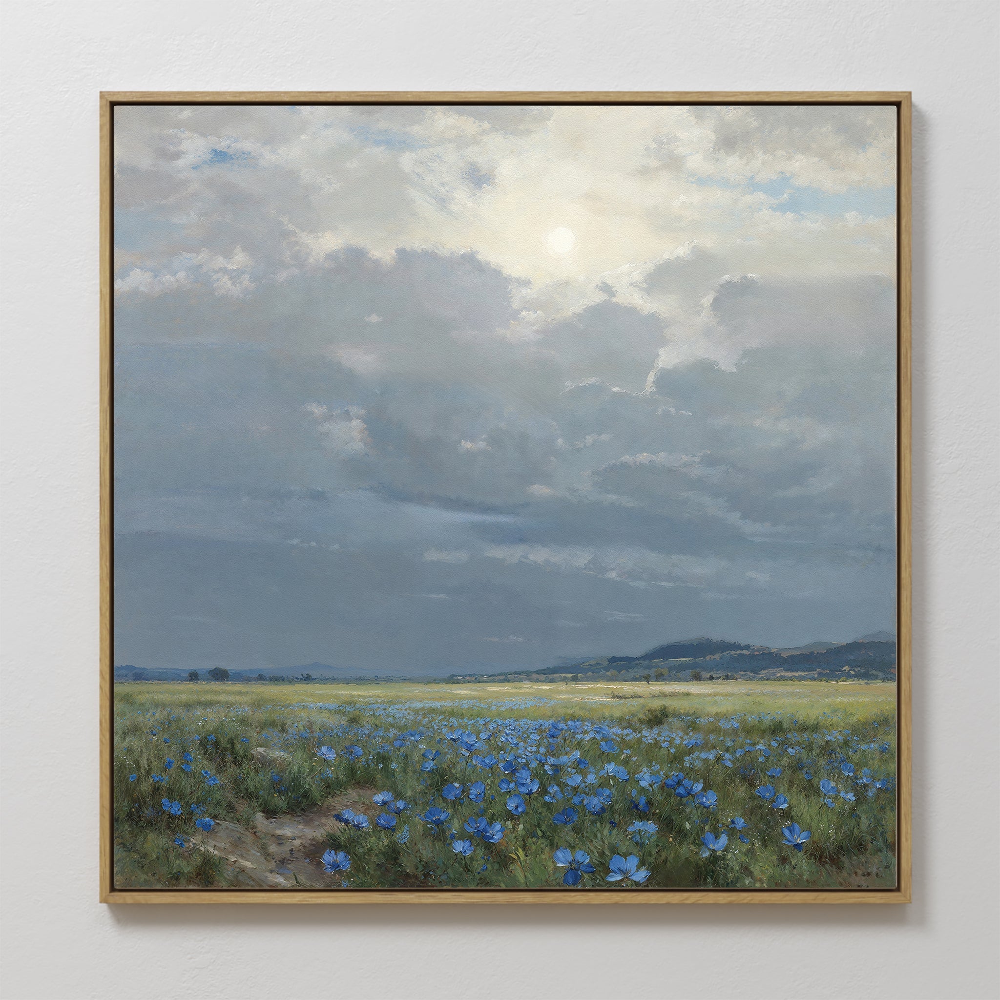 Original hand painted blue wildflower meadow oil painting canvas wall art, vintage scandinavian nordic elegant luxury modern living room home decor