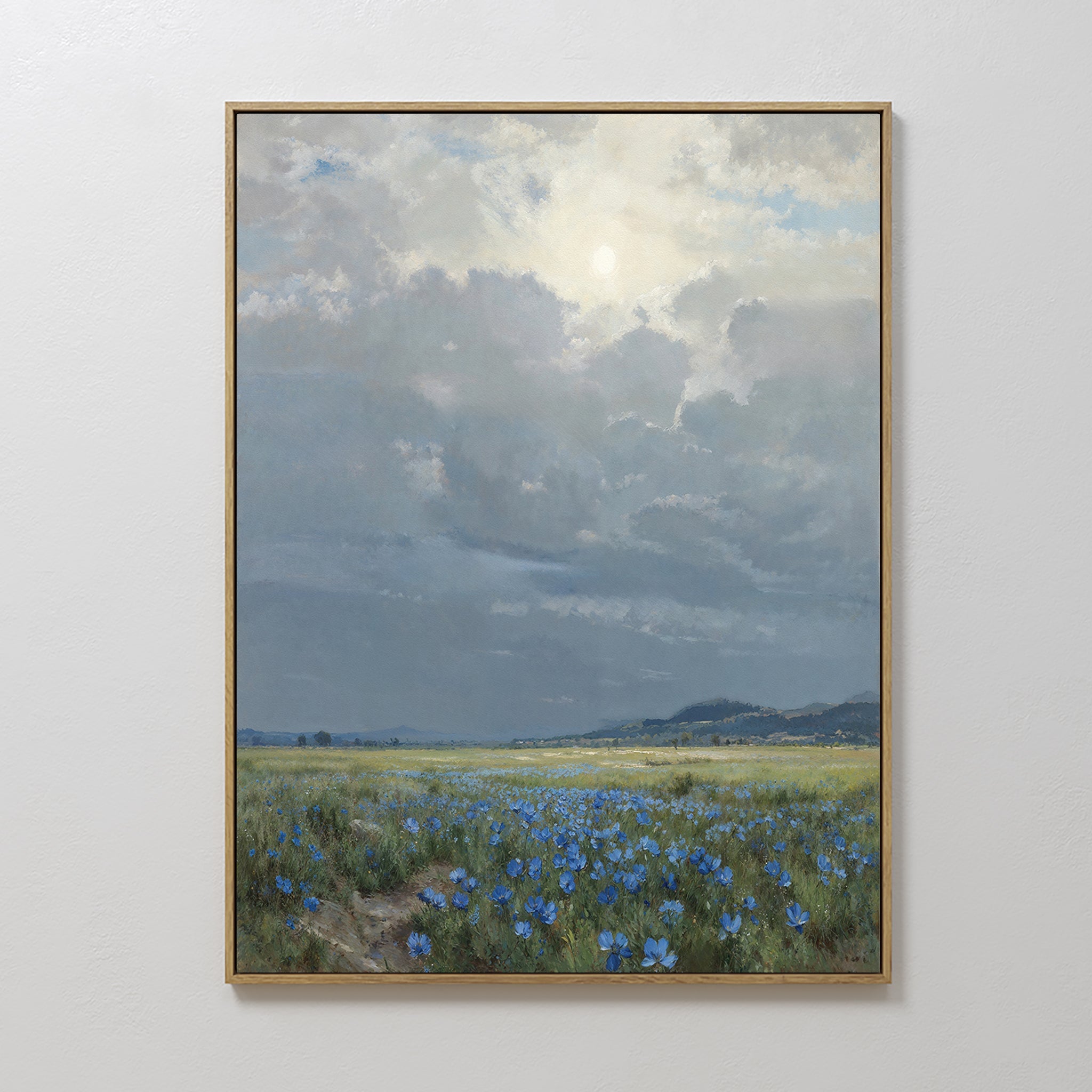 Original hand painted blue wildflower meadow oil painting canvas wall art, nordic scandinavian elegant luxury vintage modern living room home decor in