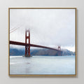 Hand painted original oil painting canvas of red suspension bridge in fog, blue water, grey clouds, elegant luxury nordic modern coastal home decor wa