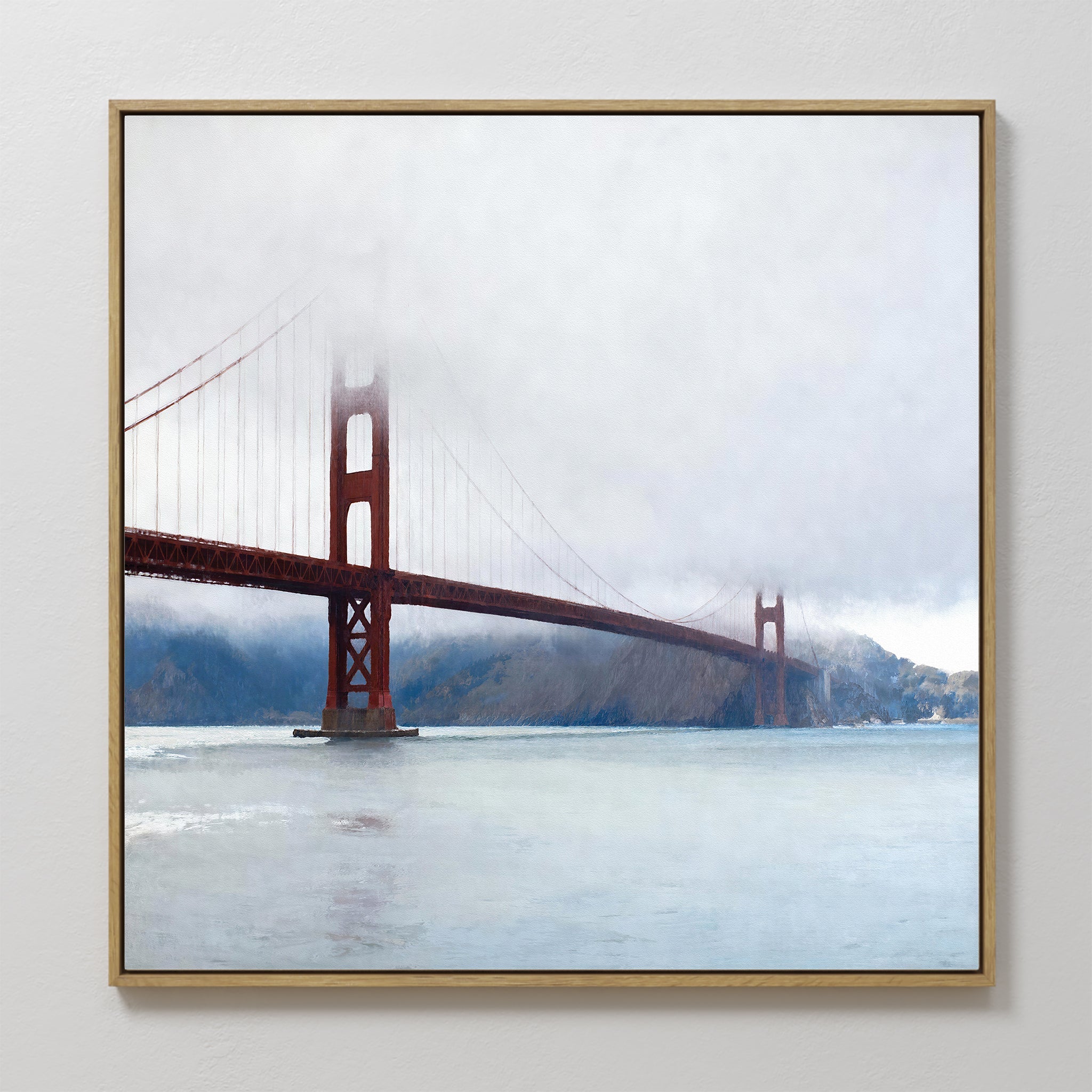 Hand painted original oil painting canvas of red suspension bridge in fog, blue water, grey clouds, elegant luxury nordic modern coastal home decor wa