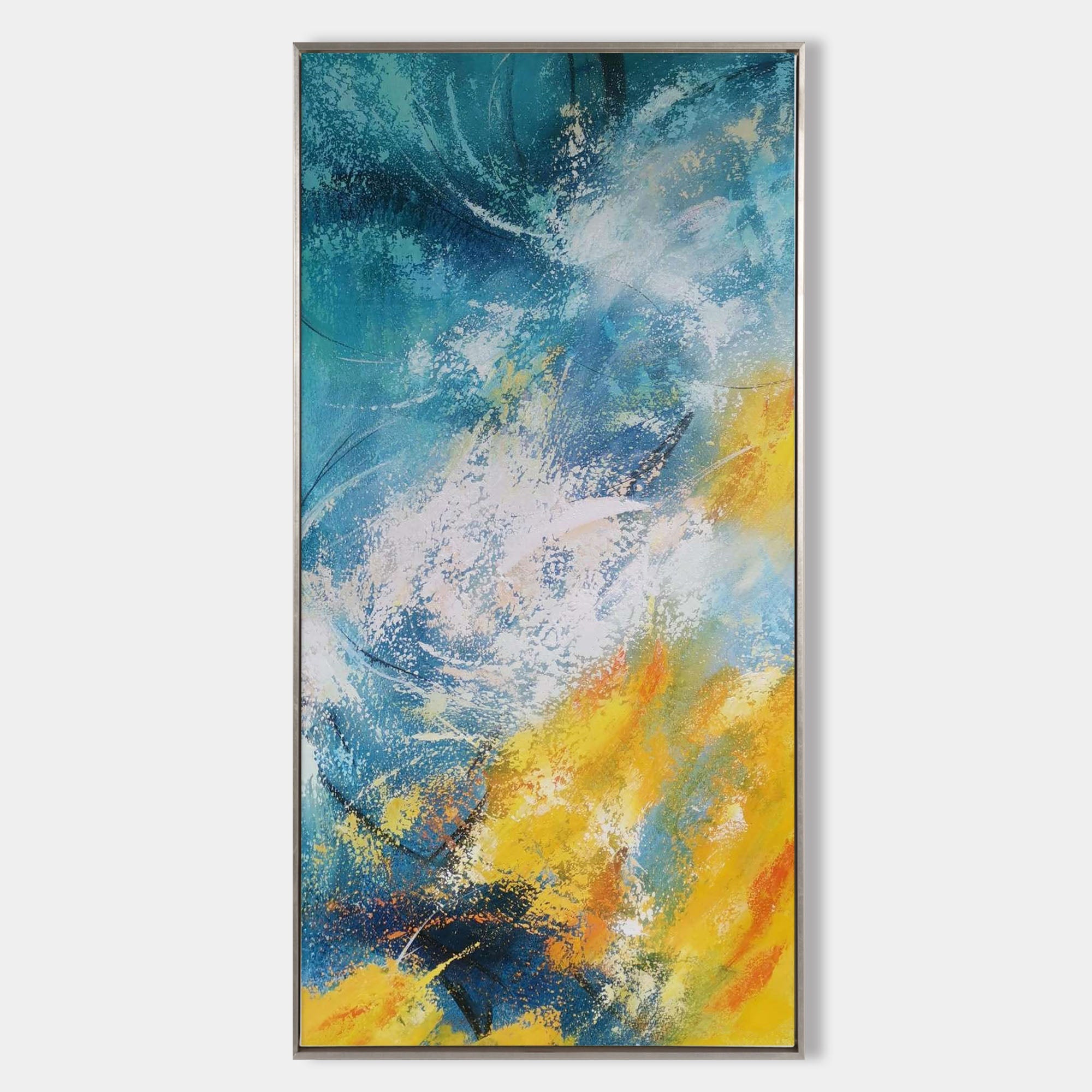 Original hand painted teal gold orange coastal abstract oil painting canvas wall art, elegant modern nordic scandinavian luxury interio