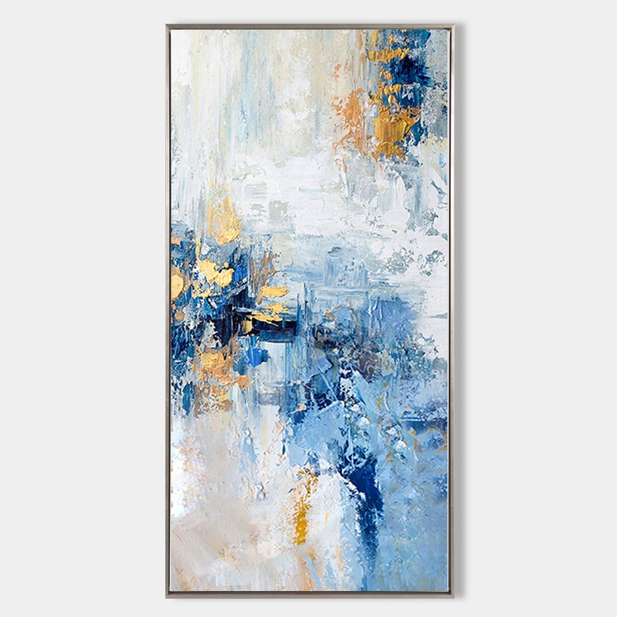 Hand painted original blue white gold abstract oil painting canvas wall art, nordic scandinavian elegant luxury modern coastal living r