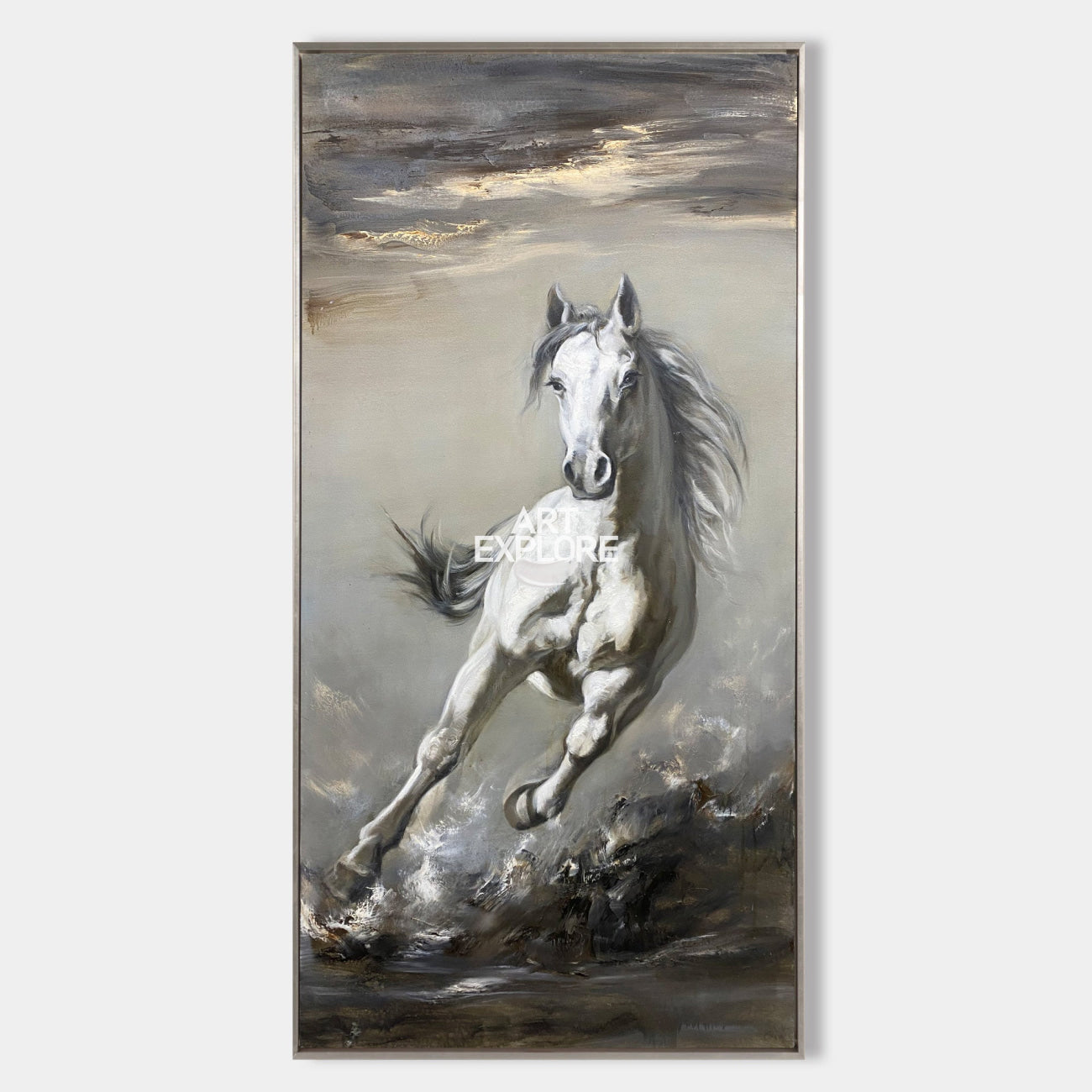 Original hand painted white horse galloping oil painting canvas wall art, elegant luxury modern nordic scandinavian living room home de