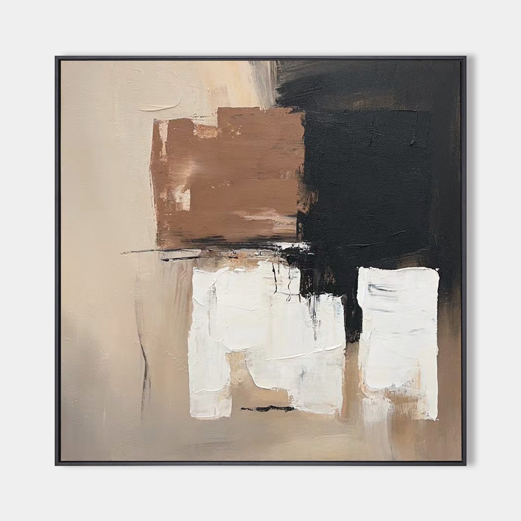 Original hand painted sienna brown black white geometric abstract oil painting canvas wall art, nordic scandinavian minimalist elegant