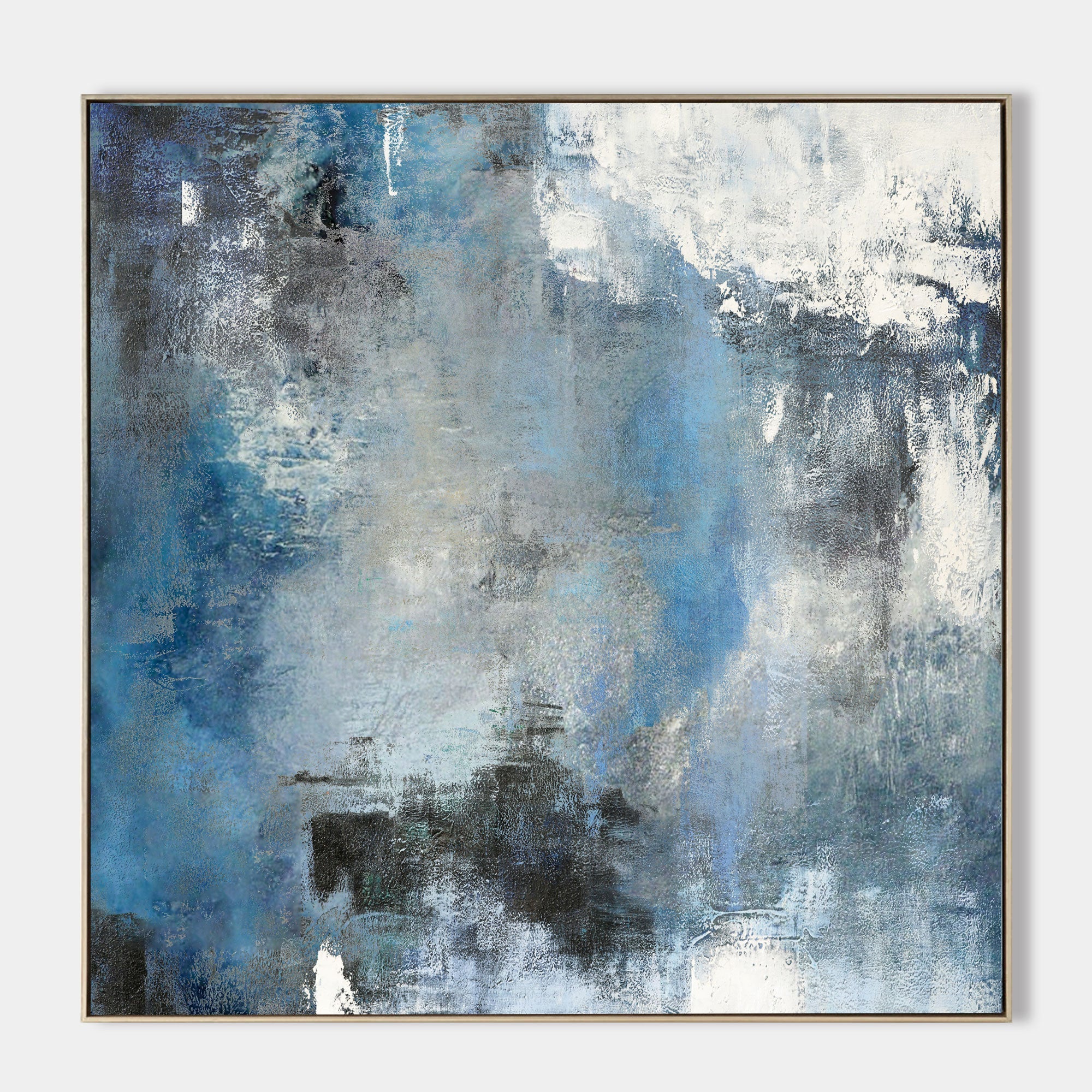 Original hand painted blue grey abstract oil painting canvas wall art, nordic scandinavian elegant luxury modern coastal living room ho
