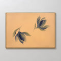 Original hand painted amber botanical oil painting canvas wall art, two blue-green floral blooms, nordic scandinavian elegant luxury minimalist modern