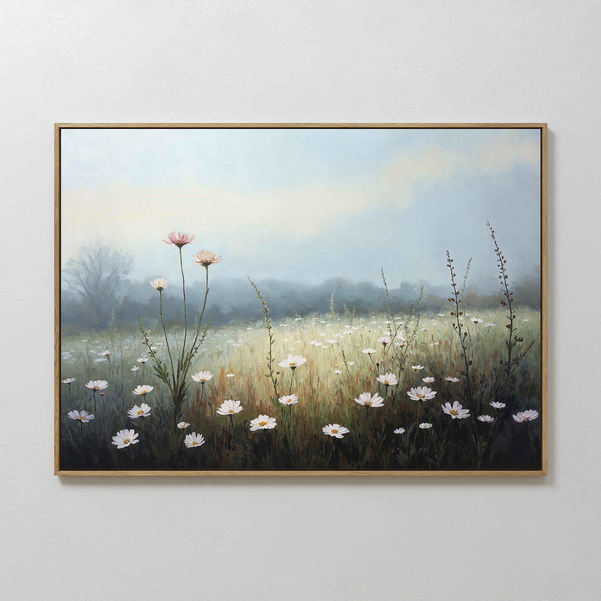 Hand painted original oil painting white daisy wildflower misty meadow blue green canvas wall art nordic scandinavian elegant luxury modern home decor