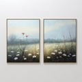 Hand painted original oil painting set of 2 misty meadow white daisy field blue green canvas wall art nordic scandinavian elegant luxury modern home d