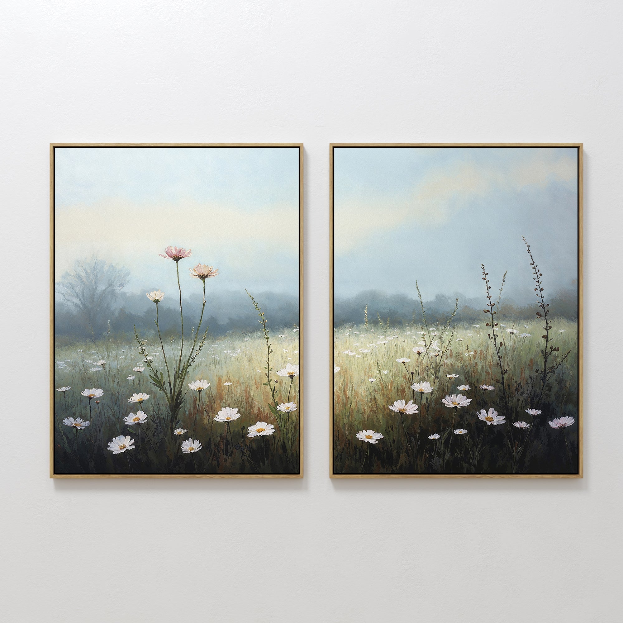 Hand painted original oil painting set of 2 misty meadow white daisy field blue green canvas wall art nordic scandinavian elegant luxury modern home d