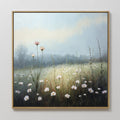 Original hand painted white daisy wildflower meadow oil painting canvas wall art, soft blue misty sky, nordic scandinavian elegant luxury modern home