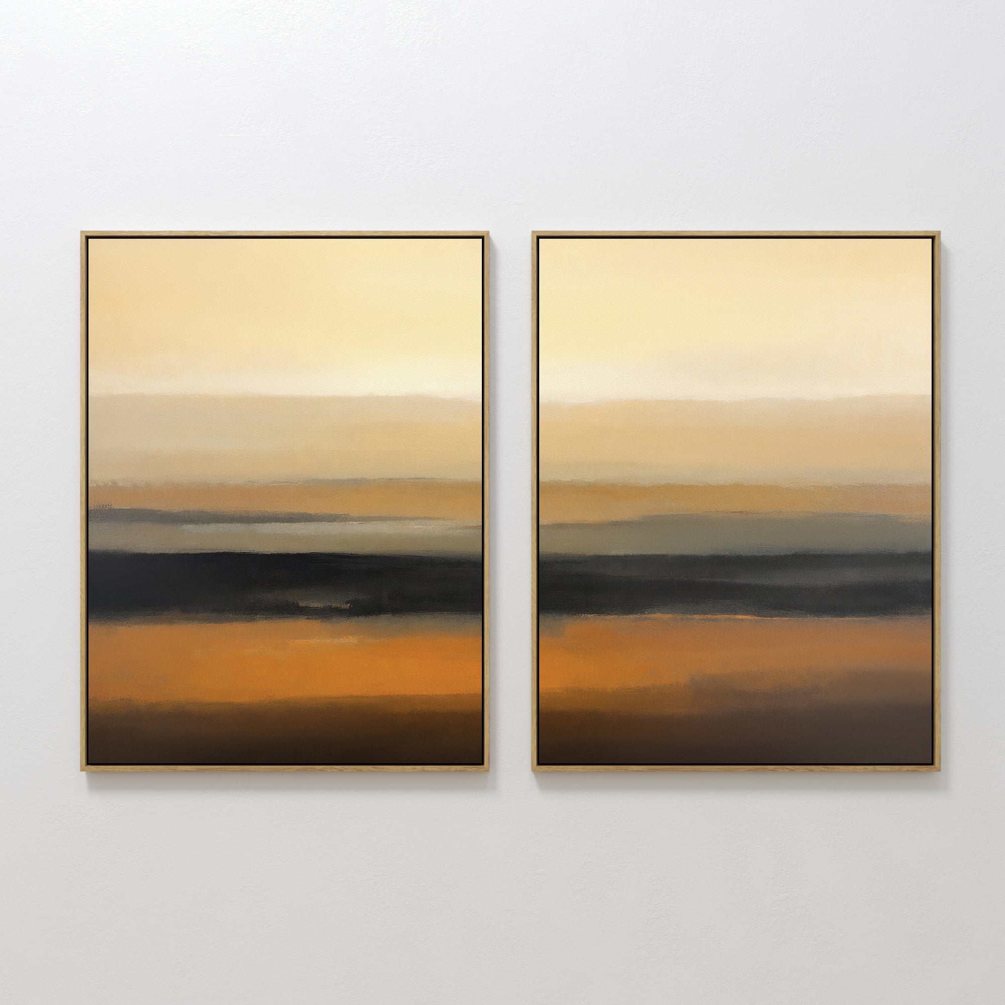 Original hand painted amber orange charcoal golden abstract landscape oil painting diptych canvas wall art, nordic scandinavian elegant luxury modern