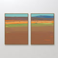 Original hand painted sienna brown orange teal landscape diptych oil painting canvas wall art, nordic scandinavian minimalist elegant luxury modern in