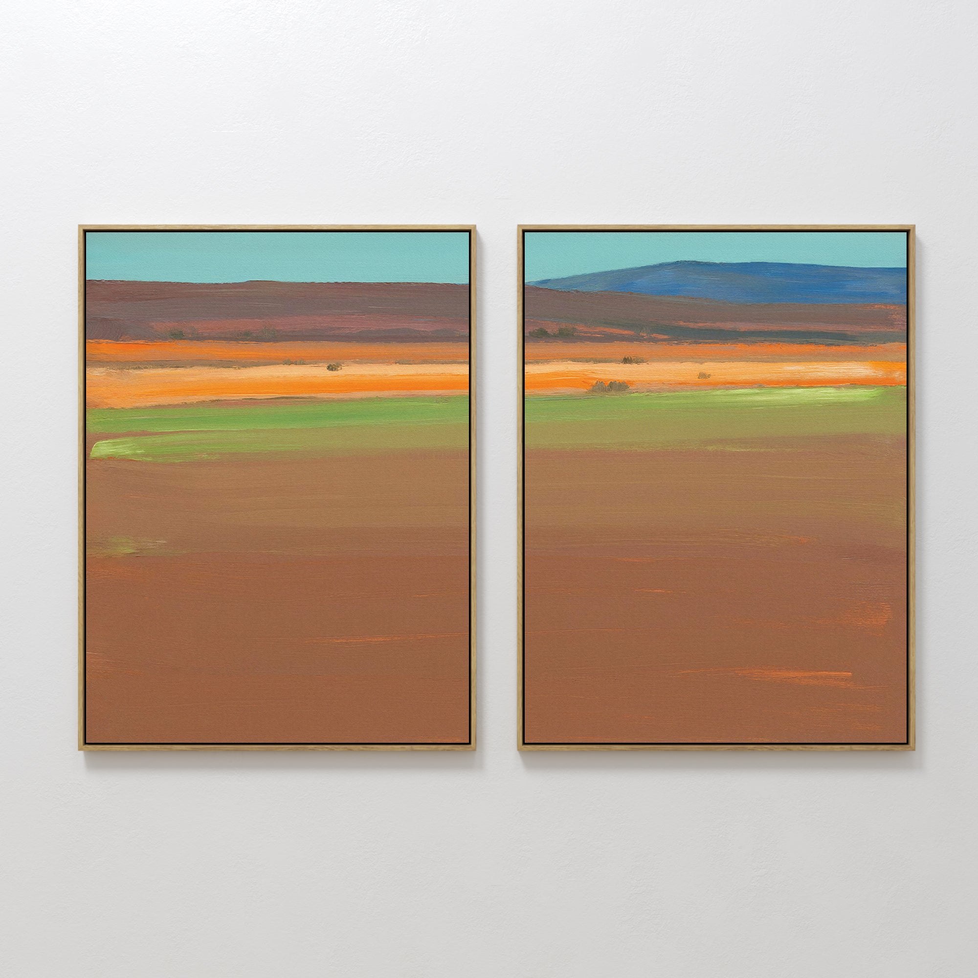 Original hand painted sienna brown orange teal landscape diptych oil painting canvas wall art, nordic scandinavian minimalist elegant luxury modern in
