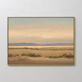 Hand painted original oil painting canvas ochre desert landscape with sage scrub, blue mountains and warm golden sky, elegant luxury nordic scandinavi