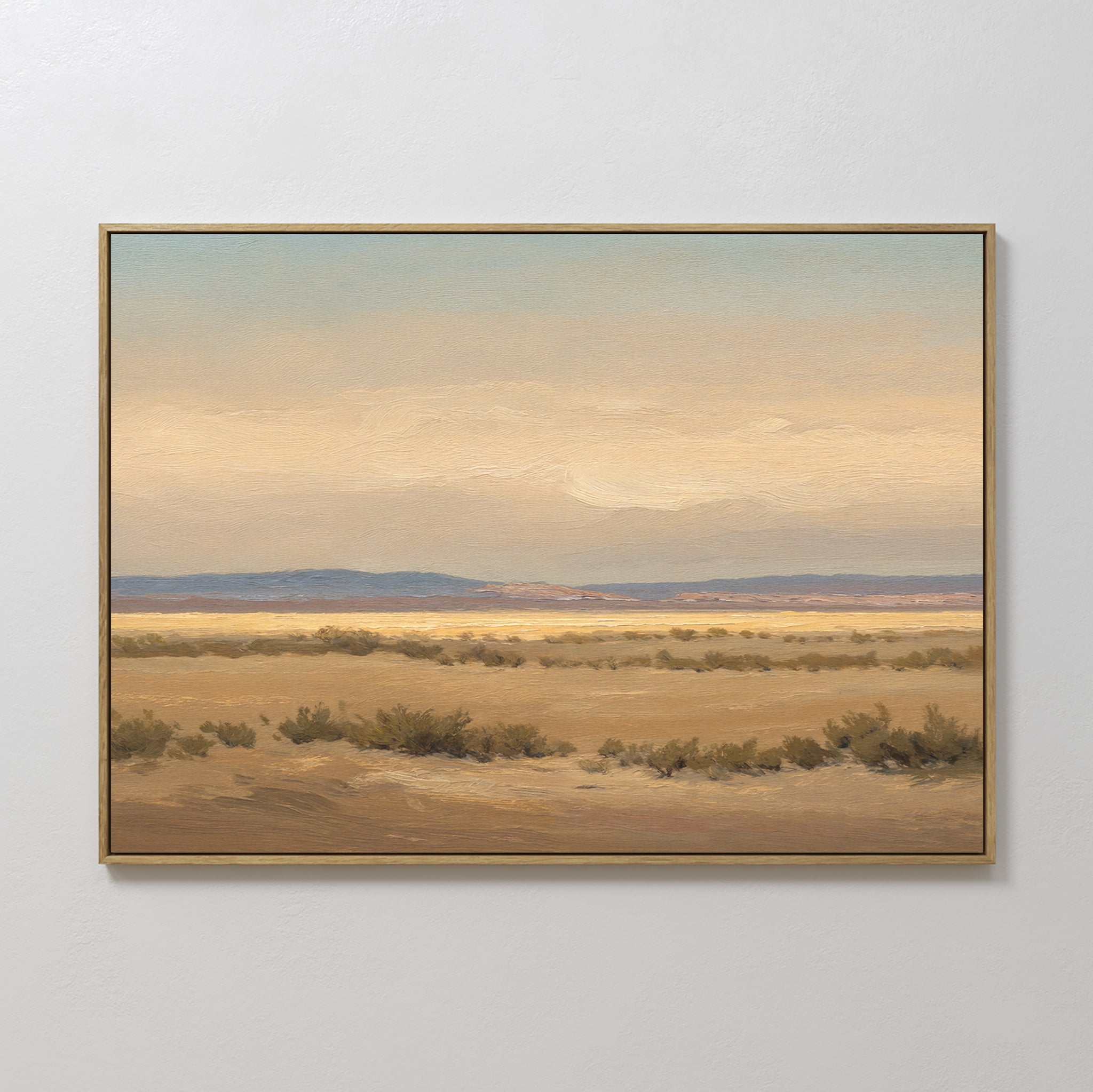Hand painted original oil painting canvas ochre desert landscape with sage scrub, blue mountains and warm golden sky, elegant luxury nordic scandinavi