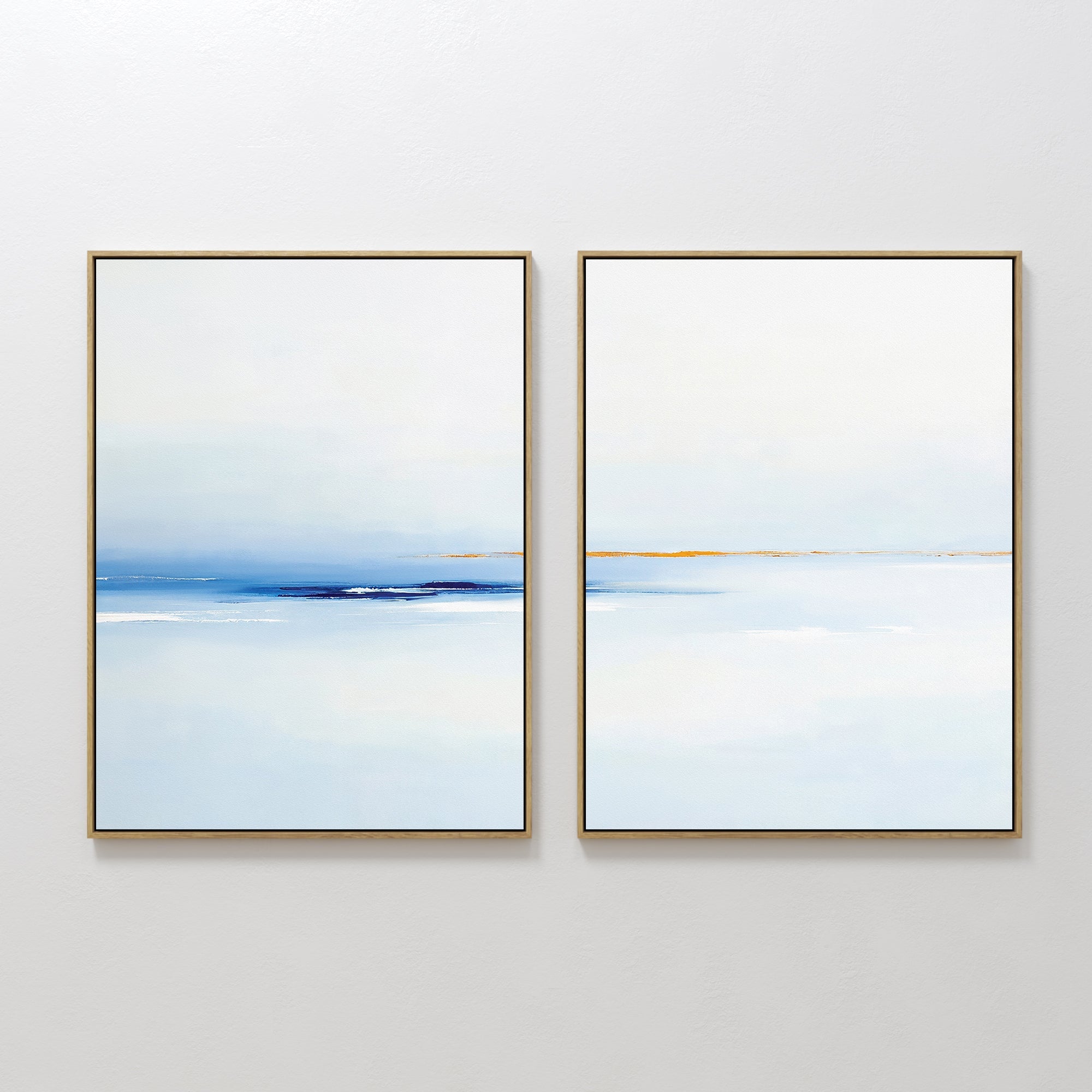 Original hand painted blue white gold abstract ocean diptych oil painting canvas wall art, nordic scandinavian elegant luxury minimalist modern home d