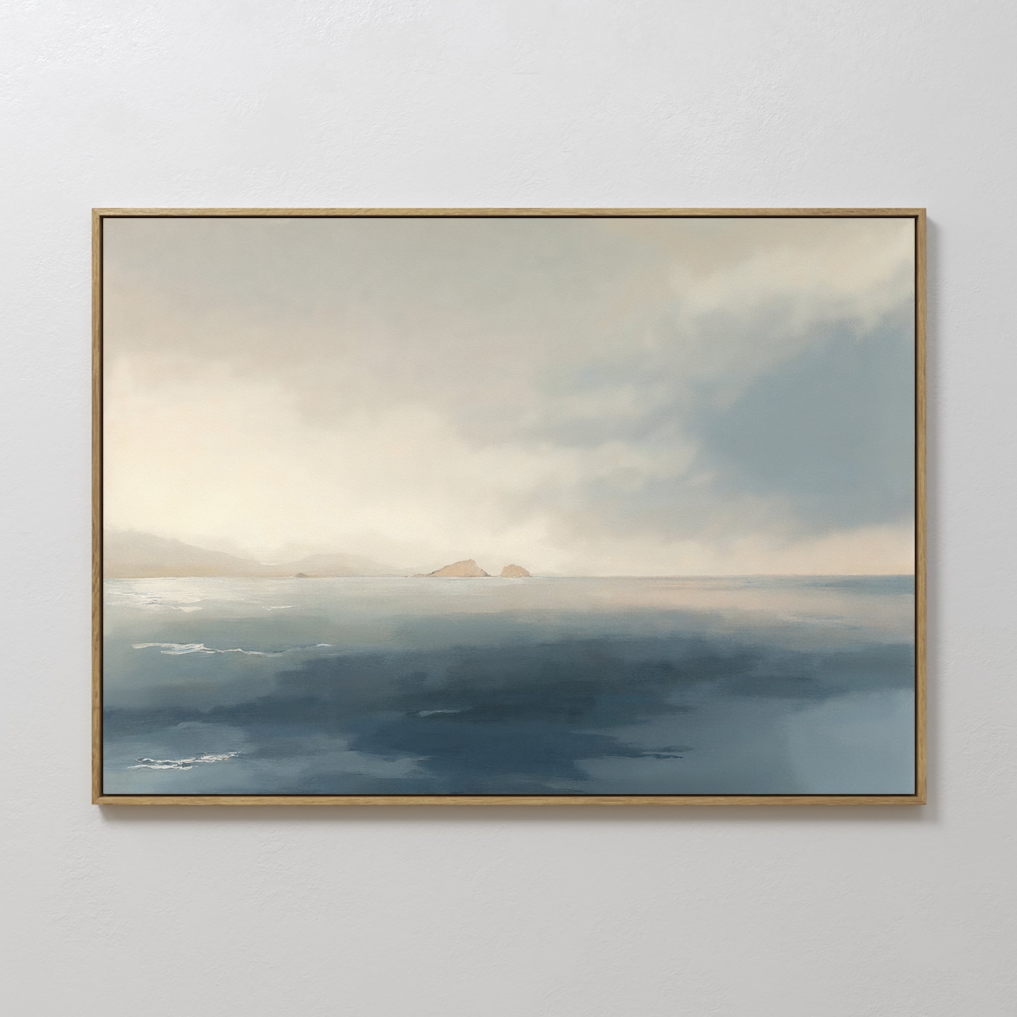 Original hand painted blue grey misty coastal seascape oil painting canvas wall art, nordic scandinavian elegant luxury minimalist modern living room