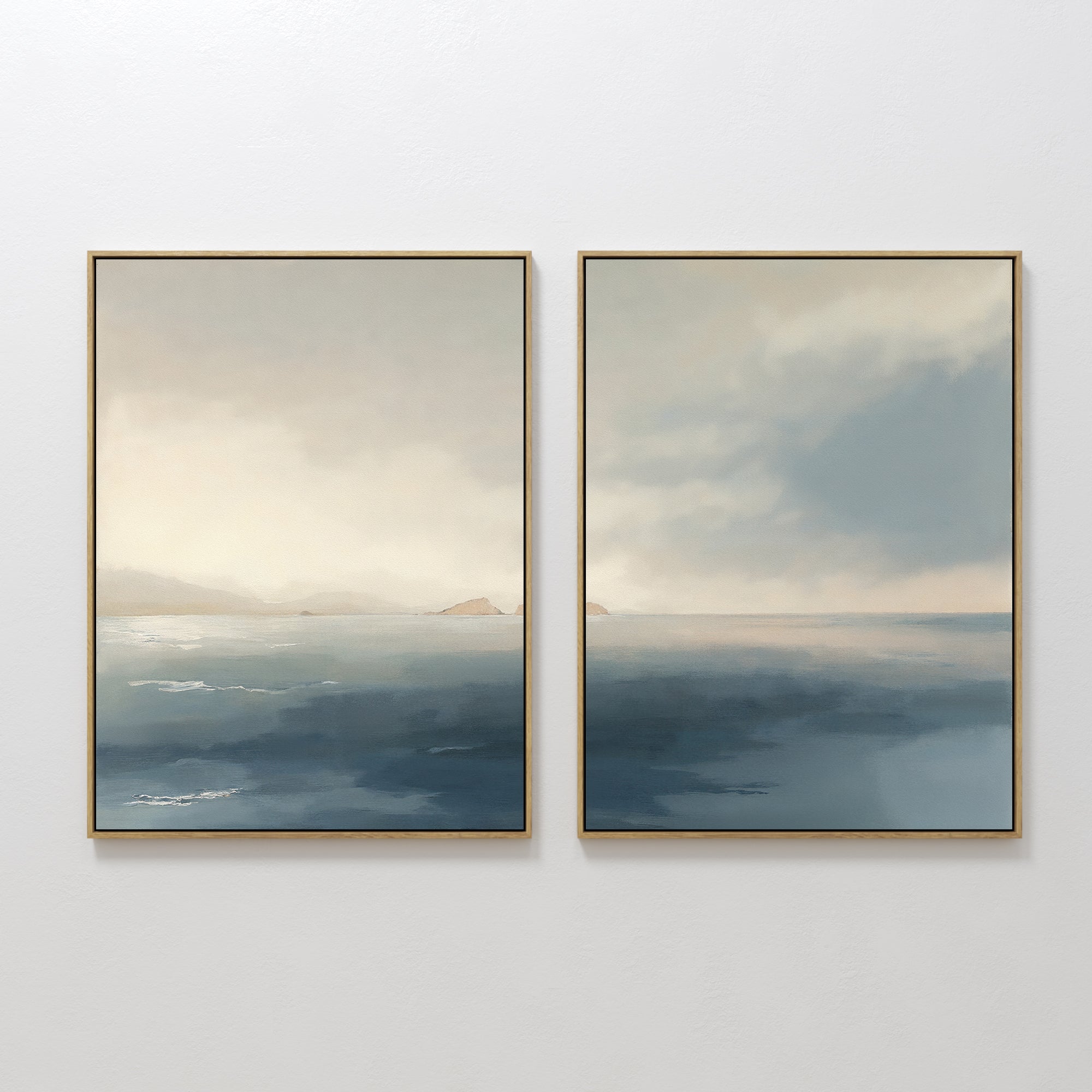Original hand painted slate blue cream coastal ocean diptych oil painting canvas wall art, nordic scandinavian minimalist elegant luxury modern home d