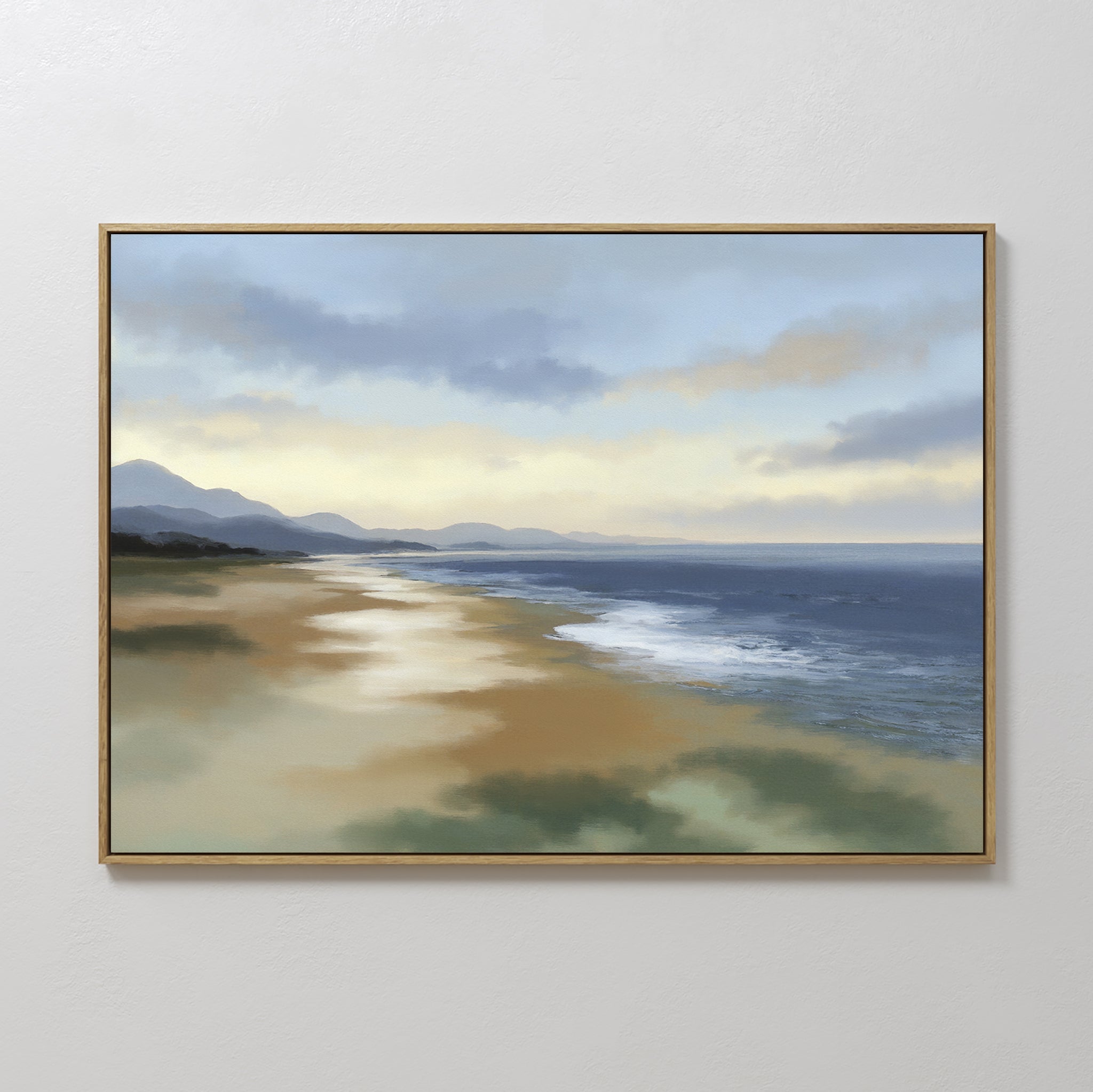 Original hand painted blue gold coastal oil painting canvas wall art, nordic scandinavian elegant luxury modern living room home decor interior design