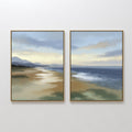 Original hand painted blue sandy coastal beach diptych oil painting canvas wall art, nordic scandinavian elegant luxury modern living room home decor