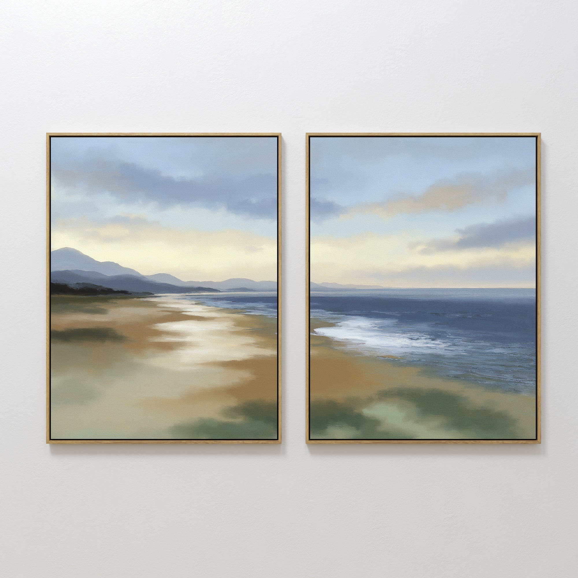 Original hand painted blue sandy coastal beach diptych oil painting canvas wall art, nordic scandinavian elegant luxury modern living room home decor