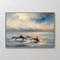 Hand painted original oil painting dolphins leaping blue grey ocean sunset canvas wall art nordic scandinavian elegant luxury coastal modern home deco