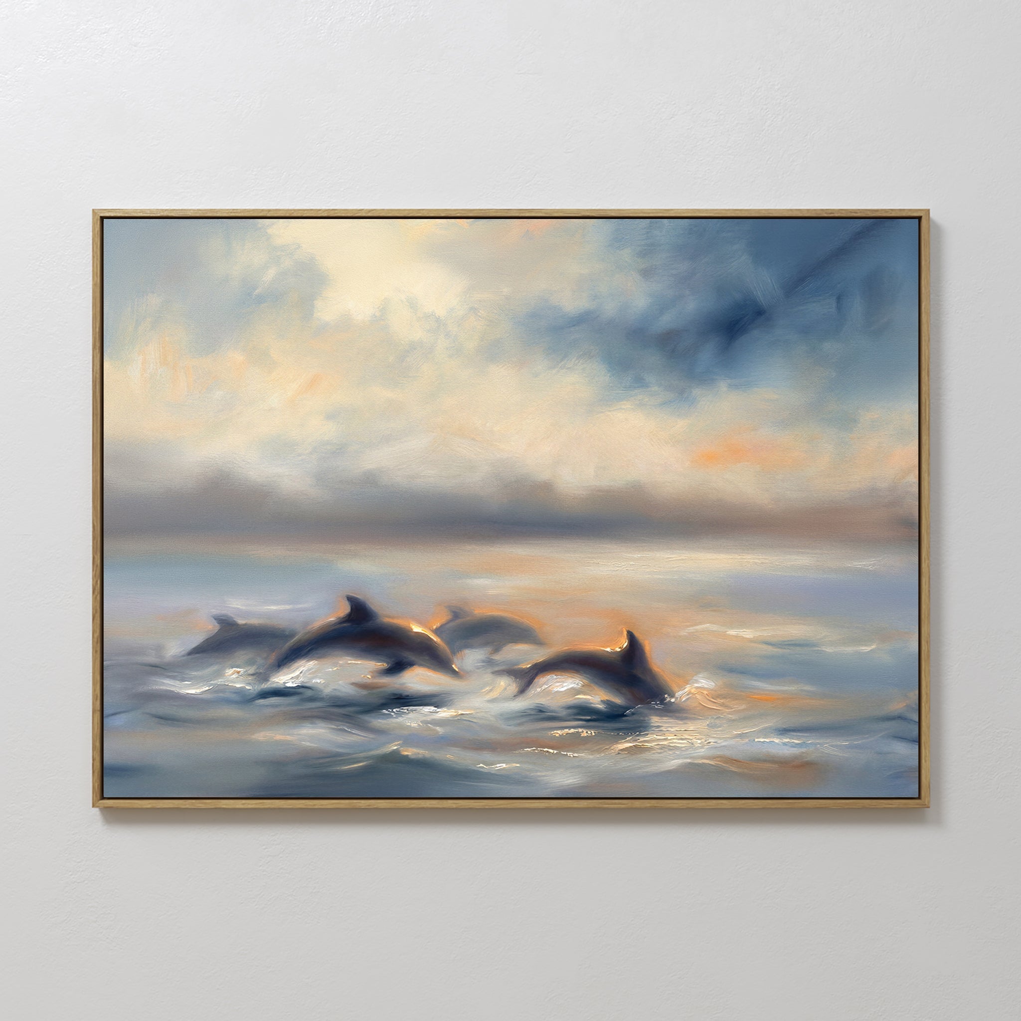 Hand painted original oil painting dolphins leaping blue grey ocean sunset canvas wall art nordic scandinavian elegant luxury coastal modern home deco