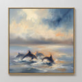 Hand painted original oil painting dolphins leaping blue golden ocean mist canvas wall art nordic scandinavian elegant luxury modern coastal home deco